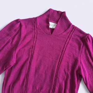 Vintage Ramos Fuchsia Wool Cable Knit Sweater Puff Sleeve Made USA